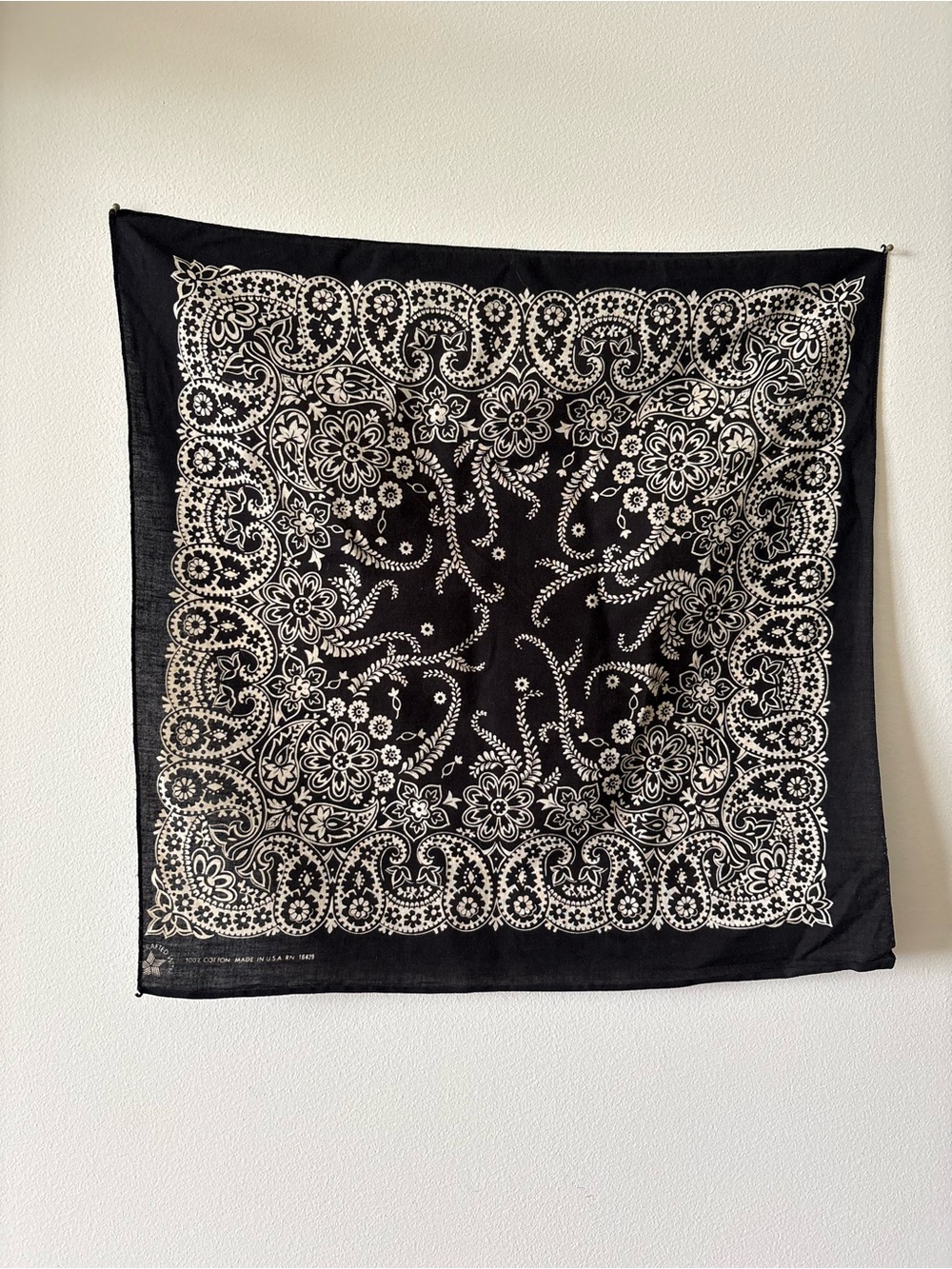 Vintage Made in America Black and Cream Paisley Cotton Bandana